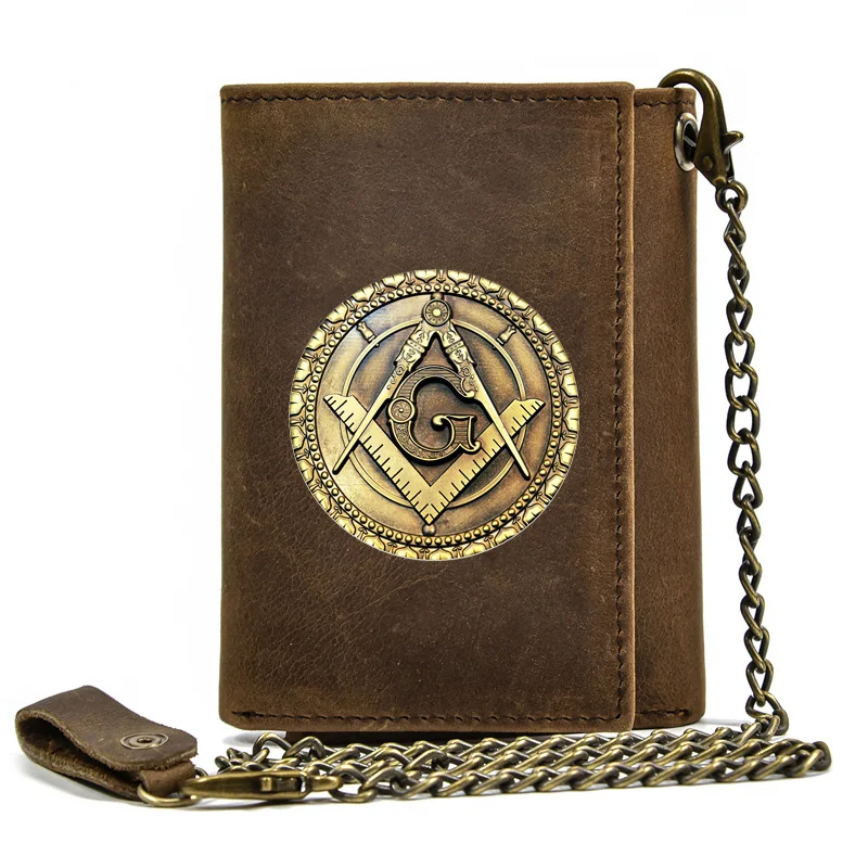 

High Quality Men Genuine Leather Wallet Anti Theft Hasp With Iron Chain Antique Freemasonry Sign Cover Card Holder Short Purse