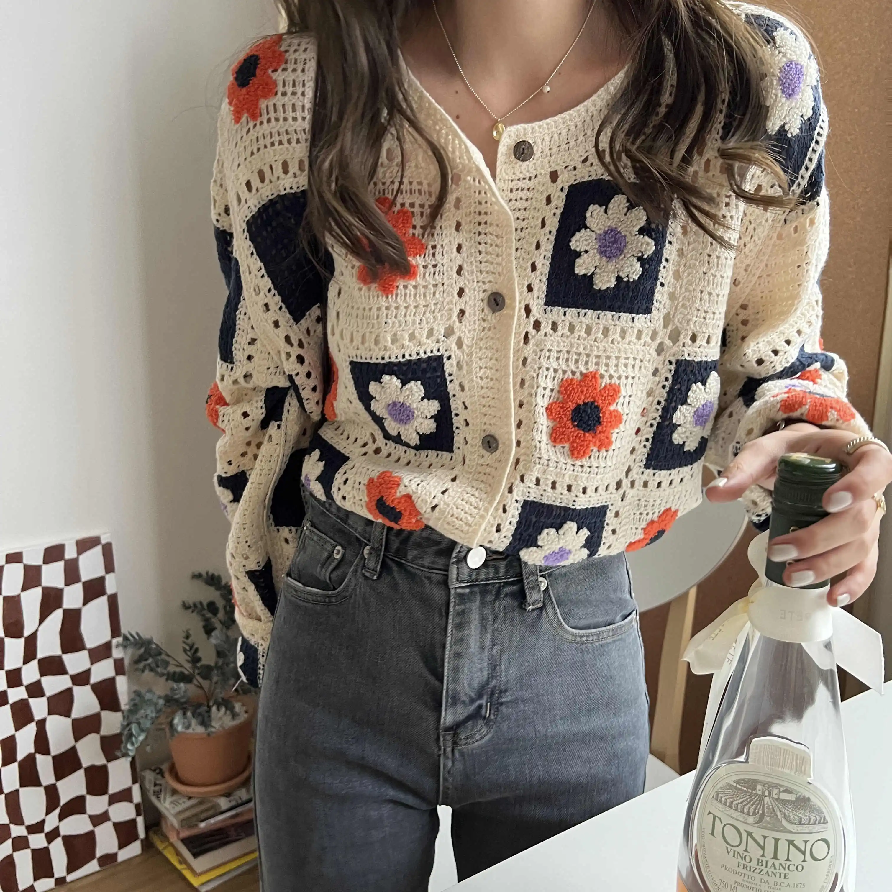 

Korean Floral Spring Knitted Sweater Cardigans Women Single Breasted Jumpers Long Sleeve Casual Sweet Outwear Hollow Out