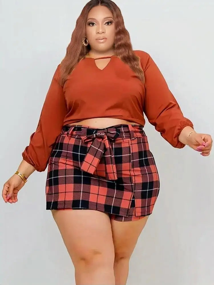 Plus Size Woman Clothing Knit Two Piece Set Long Sleeve Crop Lady Female Casual Sexy Plaid Skirt Set Wholesale Bulk Dropshipping
