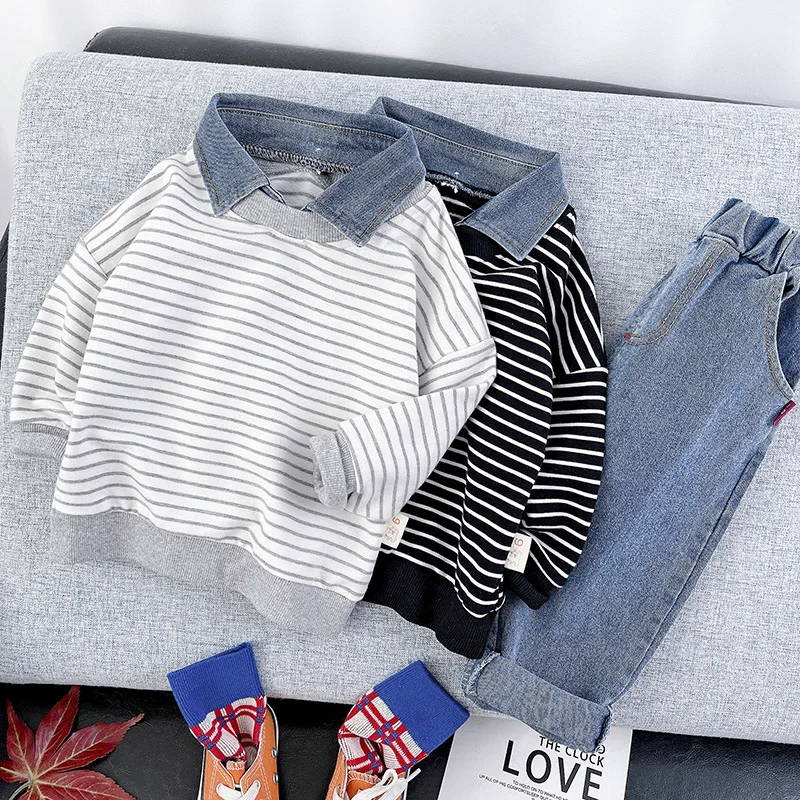 

Осенний Детский свитшот, одежда для маленьких мальчиков, джинсовый топ в полоску с имитацией воротника и штаны из джинсовой ткани для мальч...