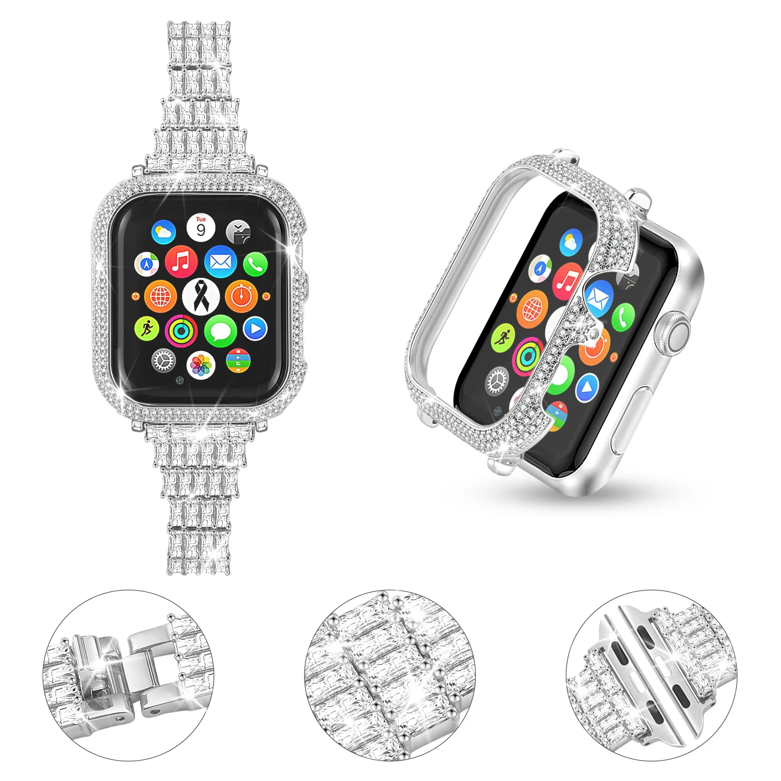 

41mm 45mm Women Diamond Bracelet For Apple Watch 7 4 3 44 40mm+ Diamond Case For iWatch Series 6 5 38 42MM Luxury Correa