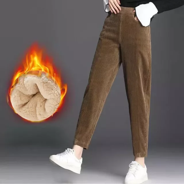 Thick Plush Corduroy Pants 2021 Winter Casual Solid Color High Waist Harem Pants Female Warm Fleece Long Pants Trousers