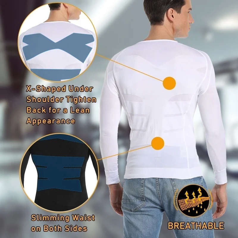 Men Slimming Body Shaper Waist Trainer Tummy Control Posture Long Sleeves Shirt Back Correction Abdomen Tank Top Shaperwear