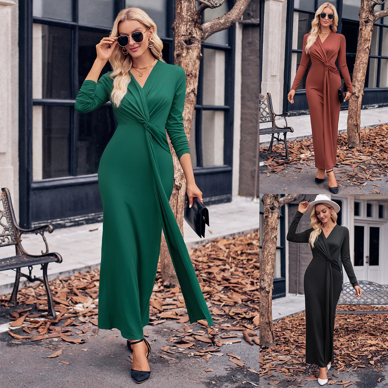 

Early Fall Women's Fall/Winter 2023 New V-neck solid color kink cinched waist long sleeves dress with elegant temperament