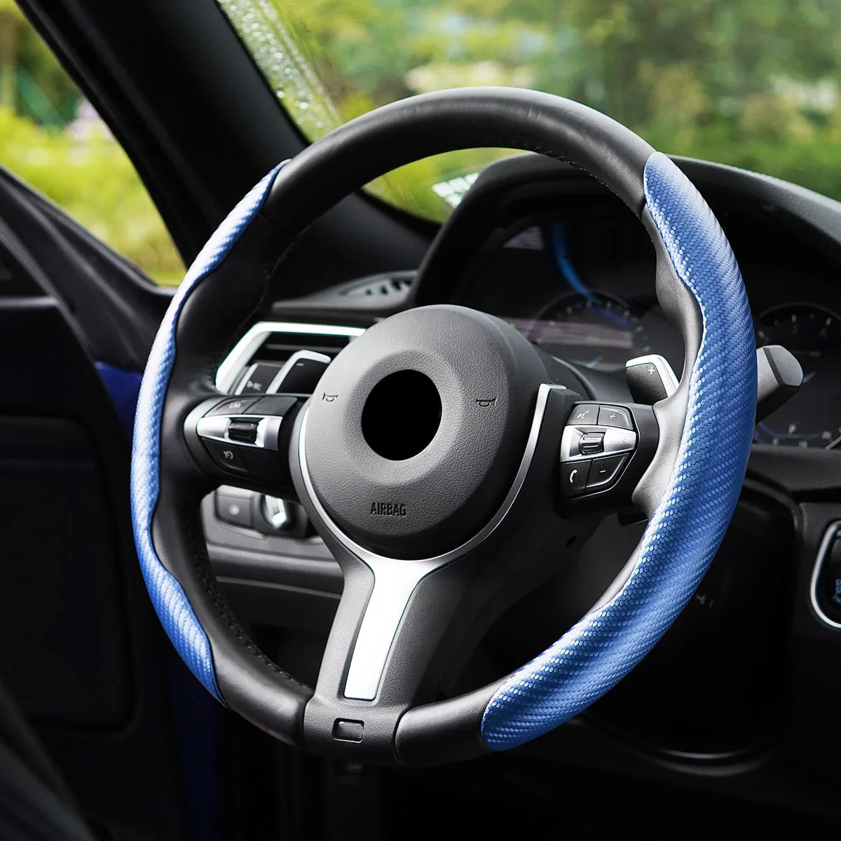 15-Inch Carbon Fiber Car Steering Wheel Cover 38cm Silicone 