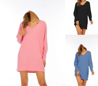 2022 autumn new womens fashion casual pullover short skirt solid color long sleeved v neck dress