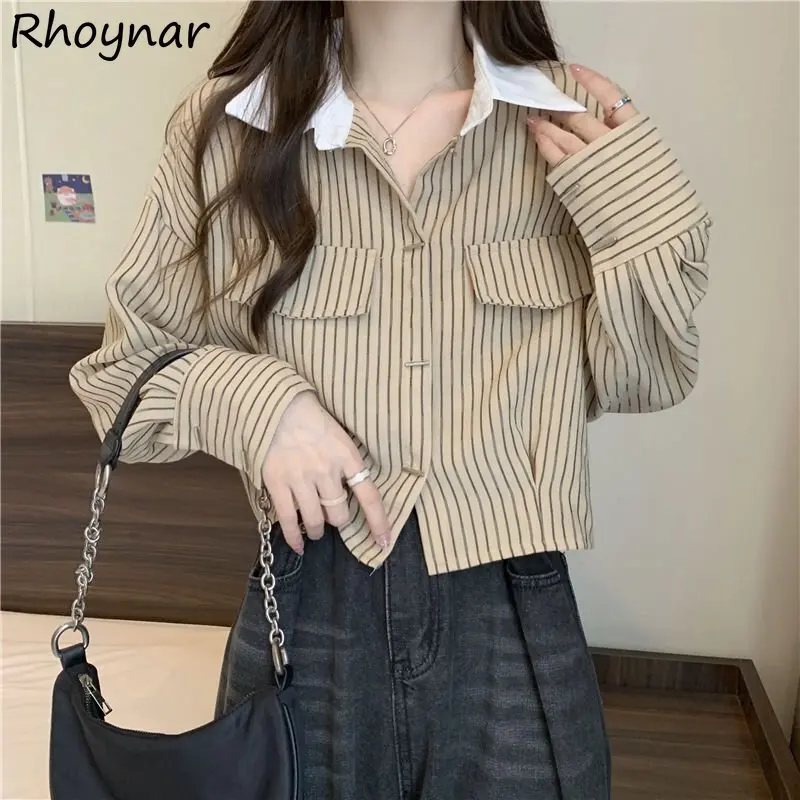 

Vertical Striped Shirts Women Cropped Clothes Ins Long Sleeve Camisas Preppy Korean Fashion Aesthetics Baggy S-3XL High Street