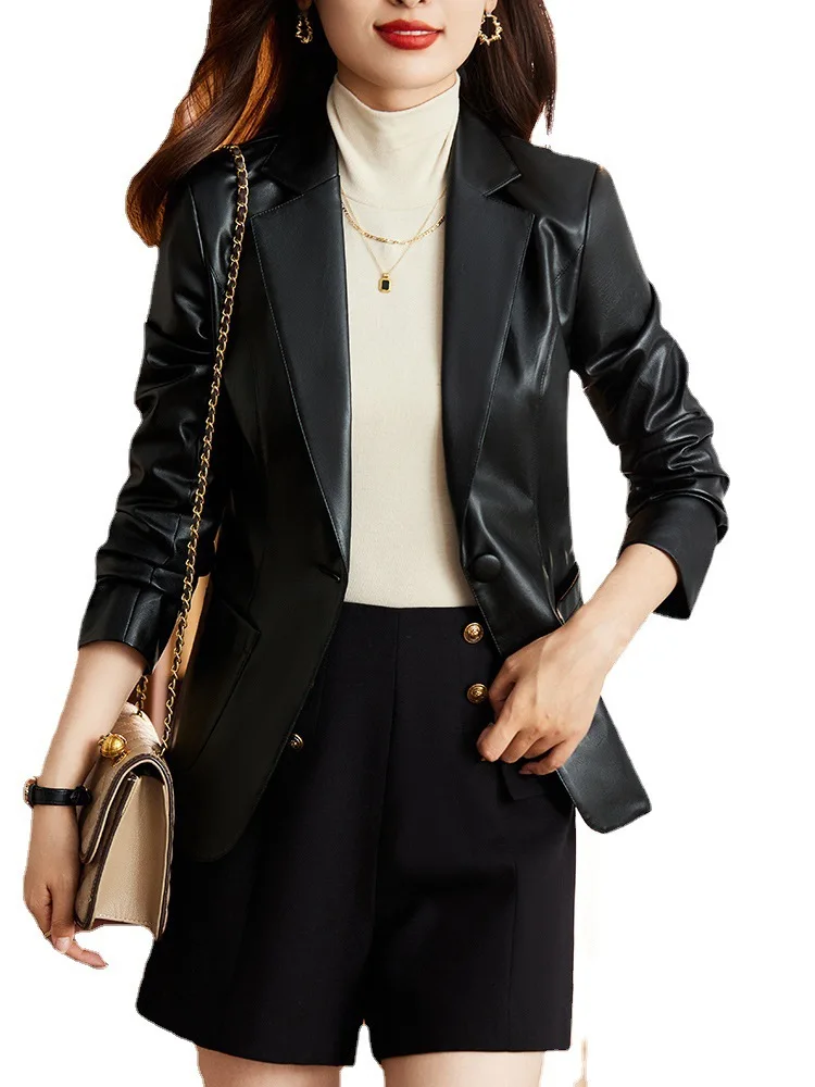 PU Leather Coat Women's Short Casual Suit Faux Leather Top  Autumn/Winter  Faux Leather  Single Button Office Lady Formal Suit