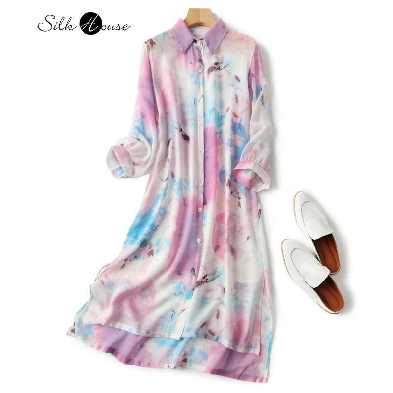 

Perspective Silk Shirt Skirt Women's Summer Medium Length Ink Style Printing Loose Cardigan Skirt Mulberry Silk Dress
