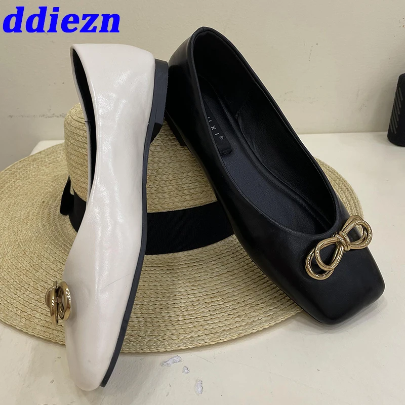 

Fashion Metal Ladies Flats Shoes 2023 Summer Spring Female Square Toe Casual Butterfly-Knot Flats Boat Shoes For Women Slides