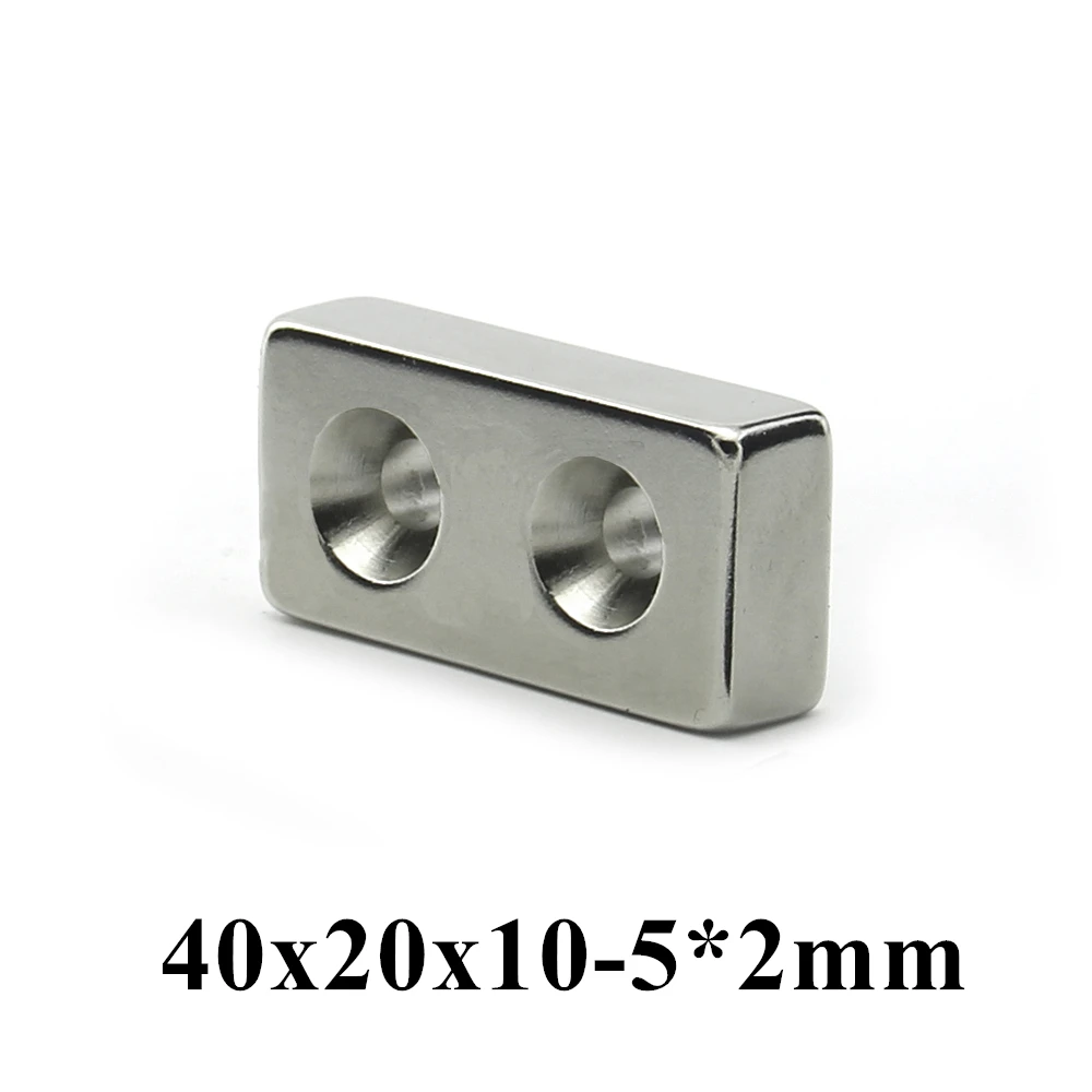 

1-10 шт. 40x20x10 мм двойное отверстие: 5 мм сверхсильный потайной Блок Неодимовый магнит редкоземельный сильный магнит