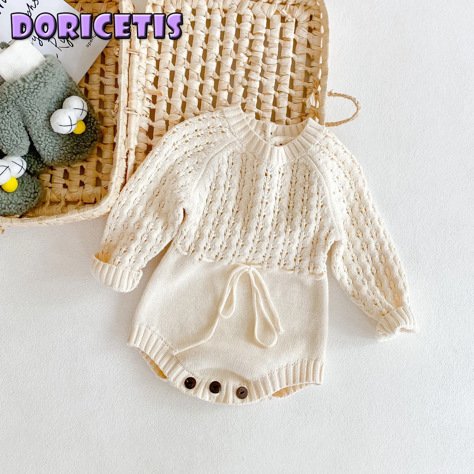 

Newborn Romper Solid Color Knitted Hollow Waist Tie Pullover Triangle Jumpsuit Baby Girl Spring Go Out New Soft Cotton Romper