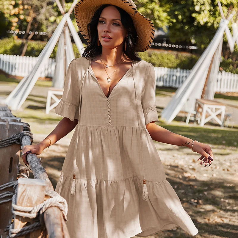 

Cacocala 2023 Summer New Women Sexy Boho Dress Candy Colors A-Line Casual V-Neck Short Sleeve Beach Female Vestidos