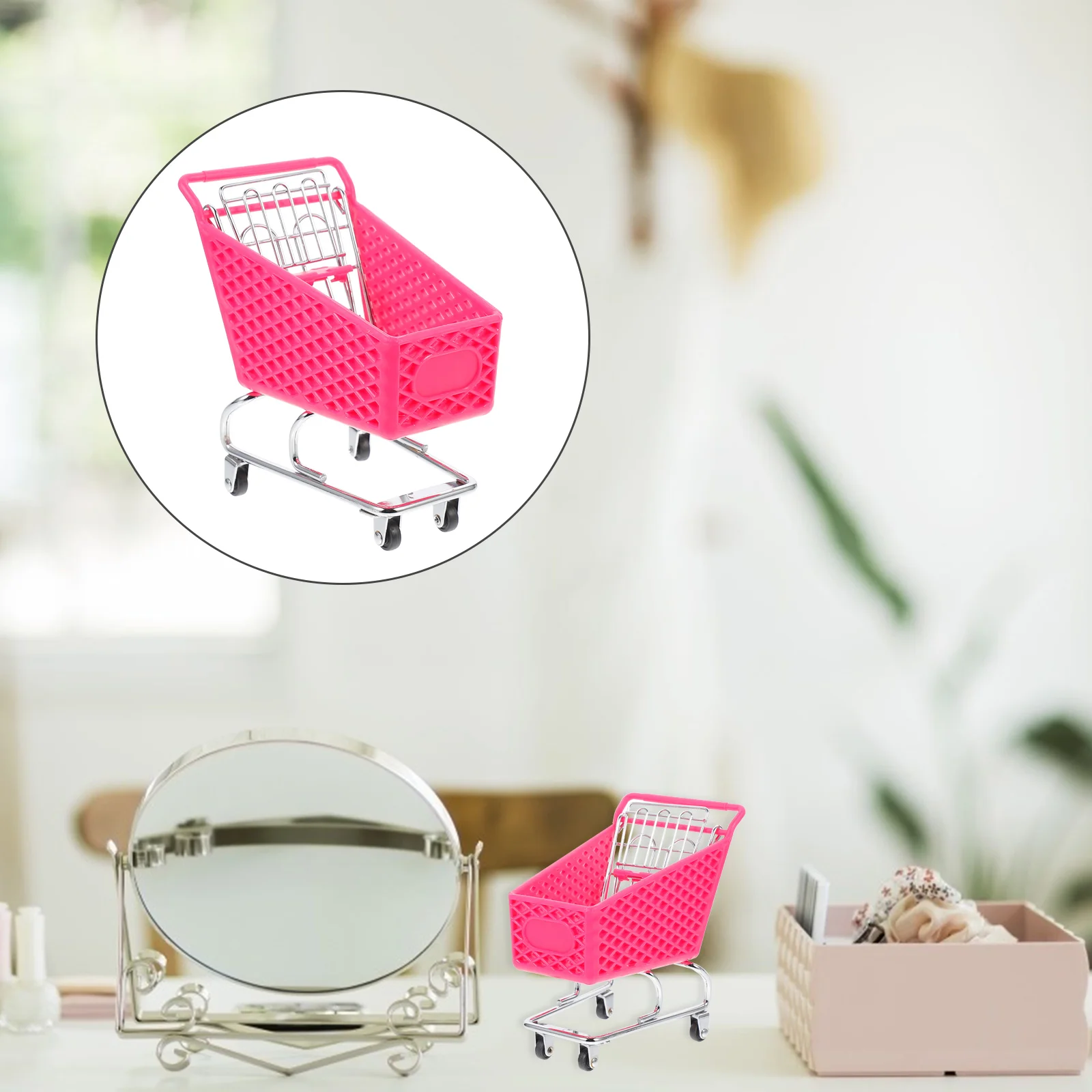 

1pc Shopping Cart Figurine Pretend Play Cart Toy Shopping Basket Birthday Gift Kids Desktop Trash Cart