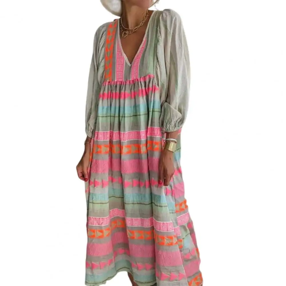 

2023 Women Spring Dress Bohemian Casual Color V-neck Loose Geometric Print Lantern Sleeves Lady Maxi Dress Female Clothes