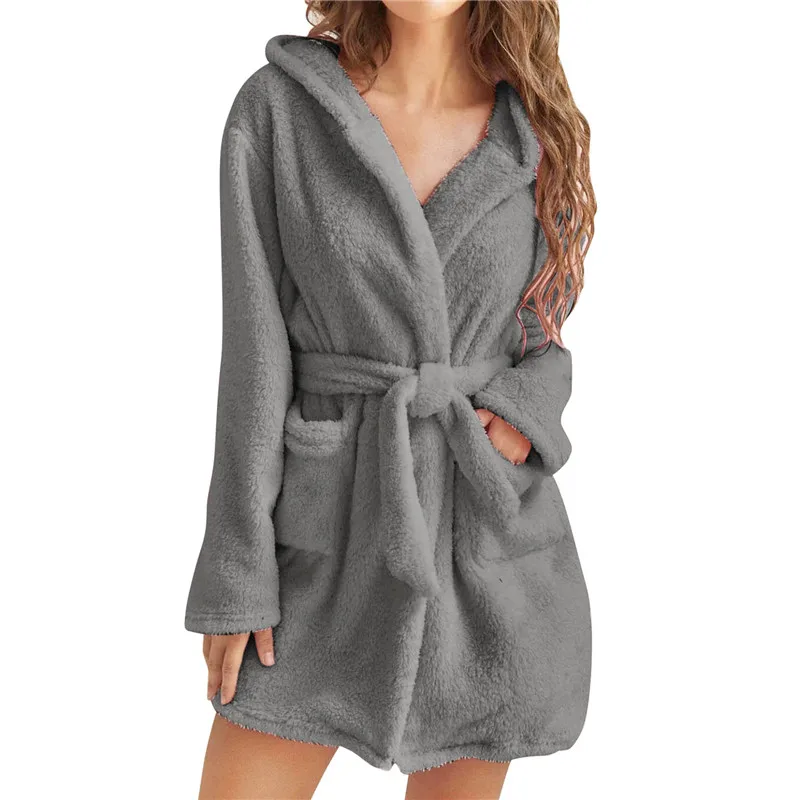 

Winter Women Robes Long Sleeve Pockets Waist Lace-up Solid Color Winter Pajamas Warm Hooded Fleece Short Bathrobe Women's Sleep