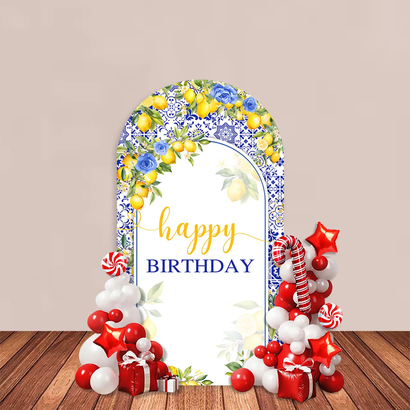Фото Lemon Arch Backdrop Cover Happy Birthday Party Decor Blue Tile Floral Baby Kids Portrait Background Cake Table Photozone №2