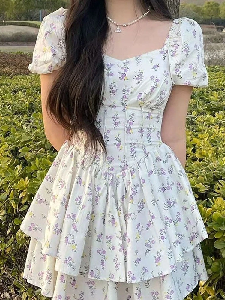 

2022 Summer Floral Dress Women Mori Casual Wrap Lavender Flower Print Puff Sleeve Mini Short Dresses Sundress Kawaii Cute