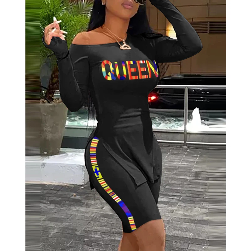 

Women Fashion Casual Two-Piece Set Suits Set Sportwear Female Summer Clothes Long Sleeve Letter QUEEN Print Top & Shorts Sets