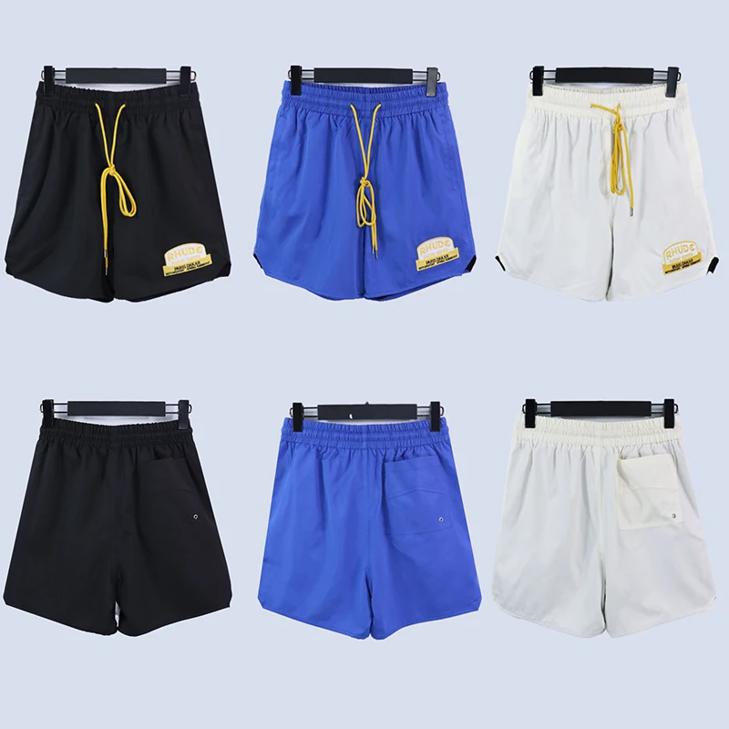 

New Letter Embroidery Logo RHUDE Shorts Men Women 1:1 Casual Drawstring Pocket Black Blue Apricot Inside Mesh Rhude Breeches gym