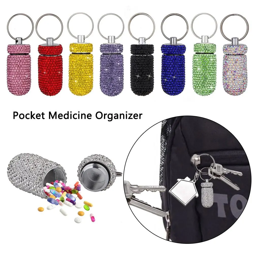 

Medicine Organizer Bottle Pill Box Tablet Holder Sparkling Fine Workmanship Full Rhinestone Aluminum Alloy Vial for Hiking