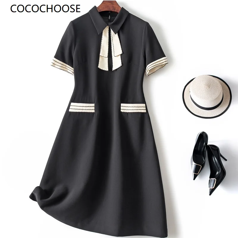 

Elegant Women Mini Dress Summer 2022 Fashion Bow Peter Pan Collar Short Sleeve A-line Patch Pocket Office Famous Brand Dresses