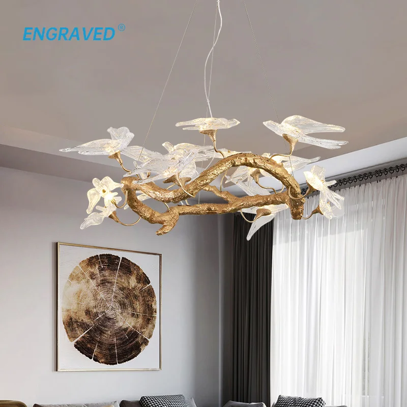 

Creative Swallow Chandelier for Living Room Copper Round Natural Retro Indoor Decoration Light Fixture Home Decor Hanging Lamp