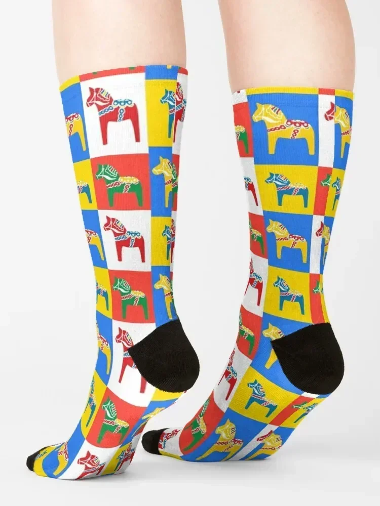 Dala Horses Dalarna Squares Швеция Horse Dalecarlian Шведские красочные носки Host с цветочным принтом