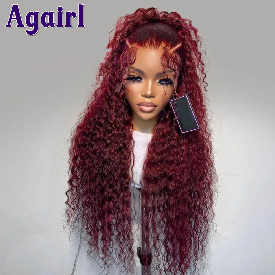 99J Dark Red Gluless Wig Burgundy Kinky Curly Human Hair Wigs 13X4 13X6 Lace Frontal Wigs Brazilian Water Wave 4X6 Closure Wigs