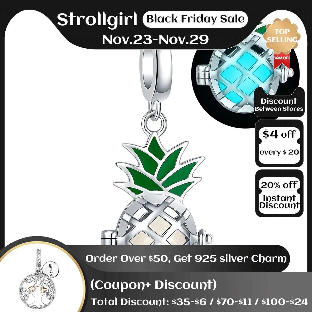 

925 Sterling Silver Glow-in-the-dark Pineapple Beads Luminous Charm Fit European Bracelet/Necklace Jewelry For Women Friend Gift