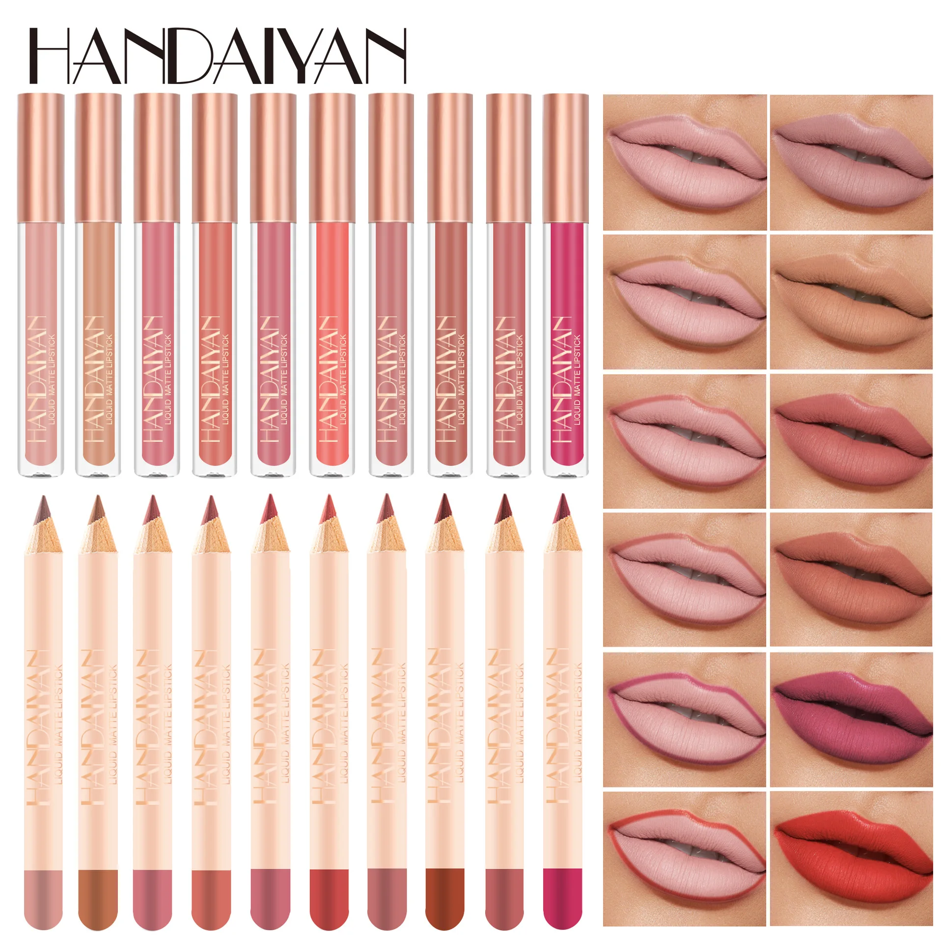 

HANDAIYAN Makeup Korean Matte Lip Gloss Lipliner Set Women Professional Waterproof Lips Red Velvet Nude Lipstick Lip Liners Pen