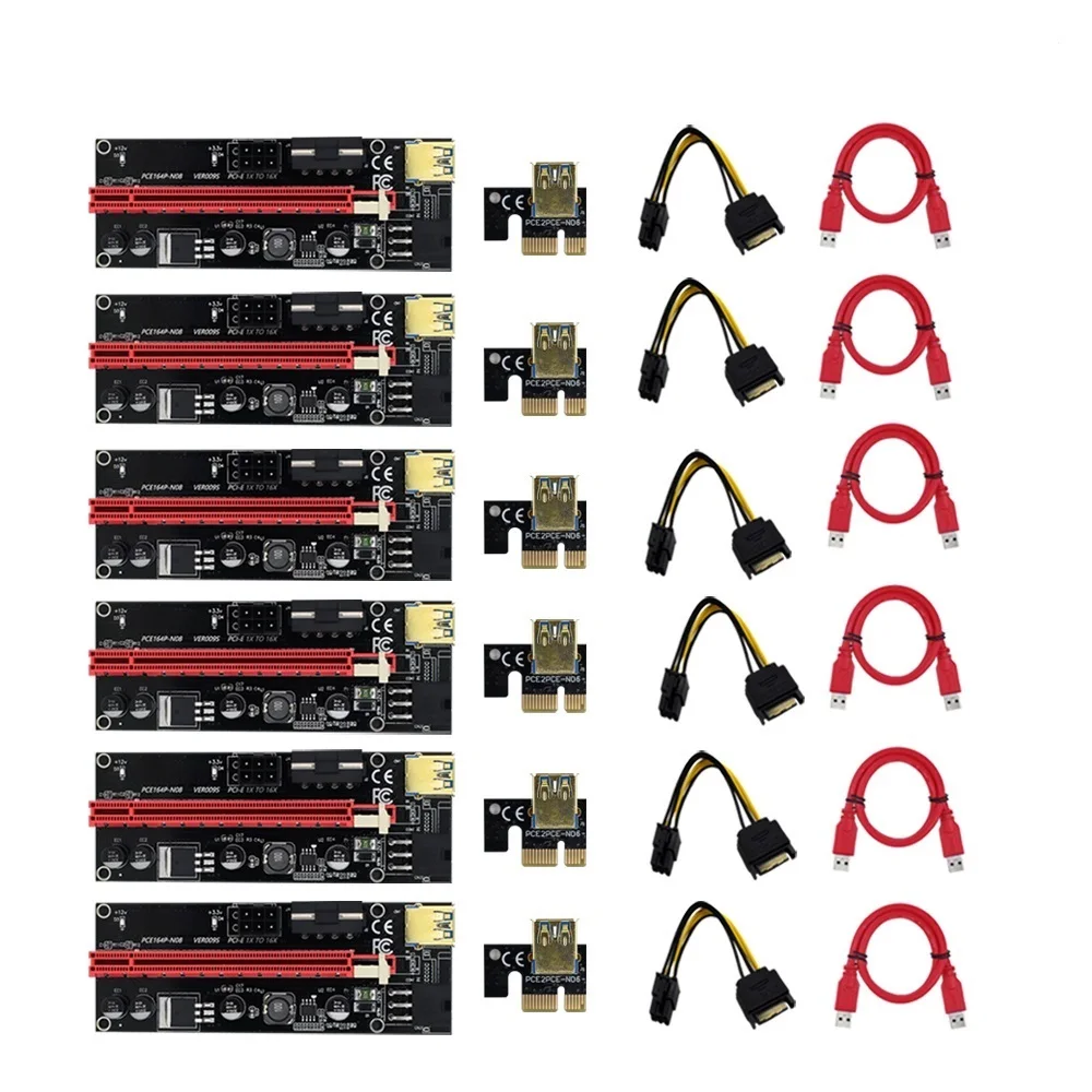 

NEW 6pcs gpu PCIE PCI-E Riser 009S card PCI E X16 PCI Express 6Pin to SATA 1X 16X USB3.0 Extender LED For Mining ETH BTC