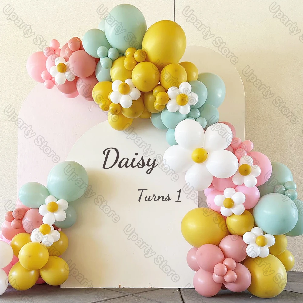 

184Pcs Daisy Balloon Garland Arch Kit Pink Yellow Macaron Pastel Balloons for Birthday Baby Shower Groovy Girls Party Decor