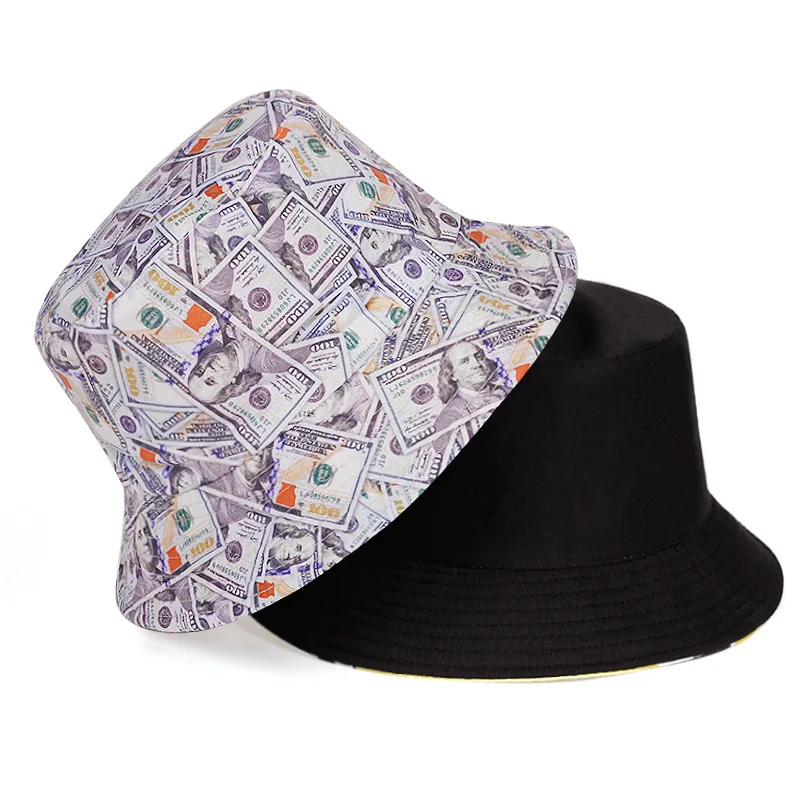 2022 Fashion Graffiti Print Ladies Fisherman Hat Double-sided Pot Hat Dollar Pattern Sunshade Sun Bucket Hat for Men Women Cap