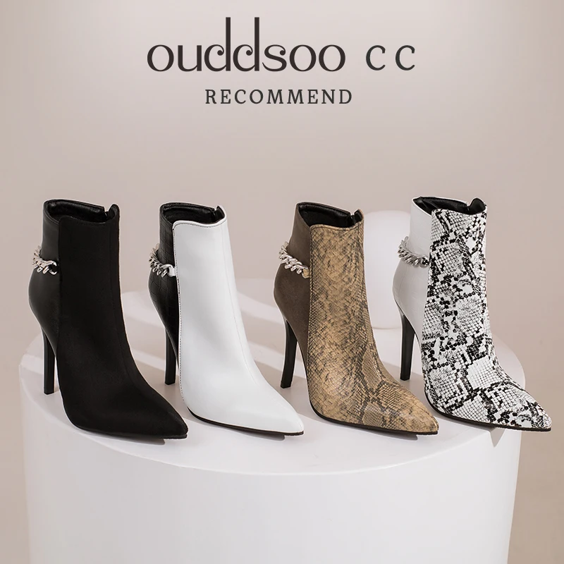 

ODS Winter Ladies New Snake Print Short Boots Fashion Chain Sexy Stiletto Mid Calf Boots Female Zipper Large Size Heels 44 45 46