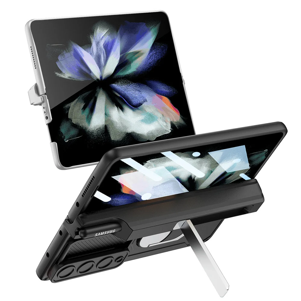 For Samsung Galaxy Z Fold 3 5G Case Magnetic Hinge Slide Lens Finger Bracket Pen Slot Holder Shockproof Cover With Tempered Film