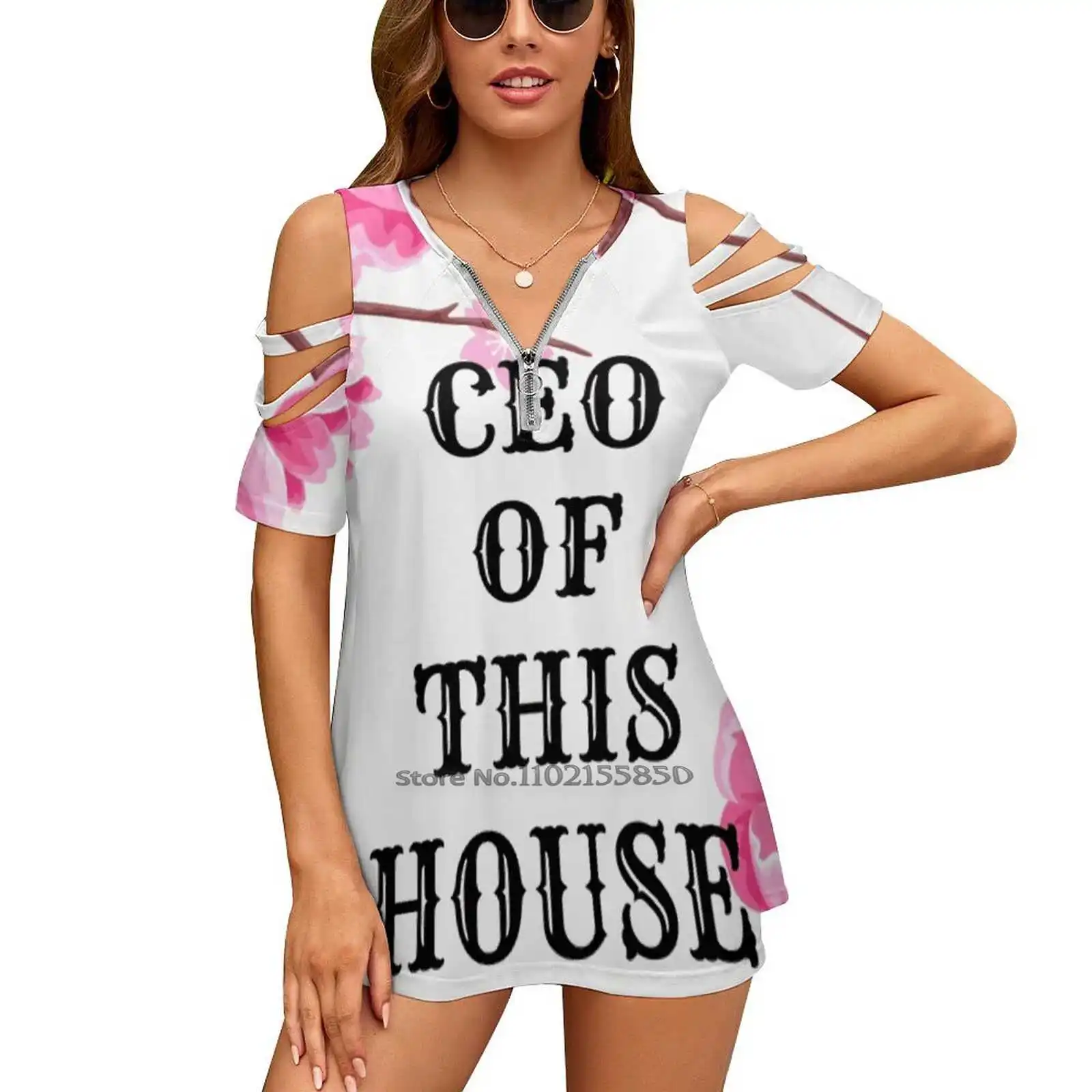 

Ceo Of This House Woman Tshirts Printed Tops Zipper V-Neck Top Fashion Graphic T Shirt Mothers Day For Mum For Mother For Women