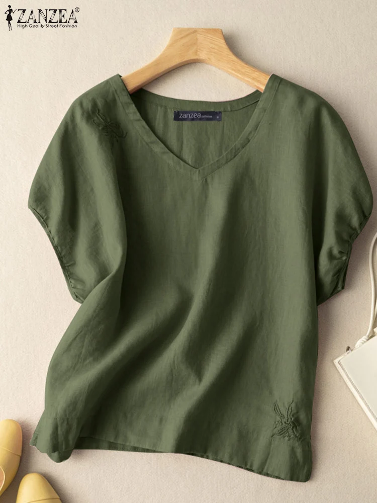 

ZANZEA Summer Women Solid Color Embroidery Blouse Short Sleeve V-Neck Loose Tops New Female Vintage Casual Elegant Holiday Shirt
