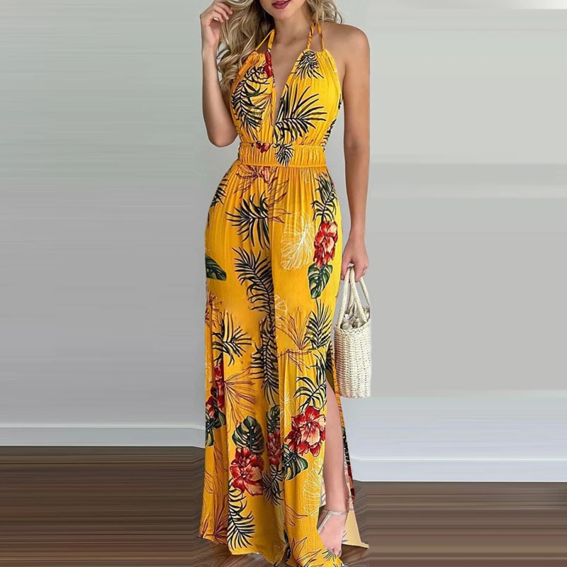 

2021 Women Summer Tropical Print Halter V Neck Jumpsuit Backless Sexy Casual Beachwear Vacation Sleeveless Jumpsuits
