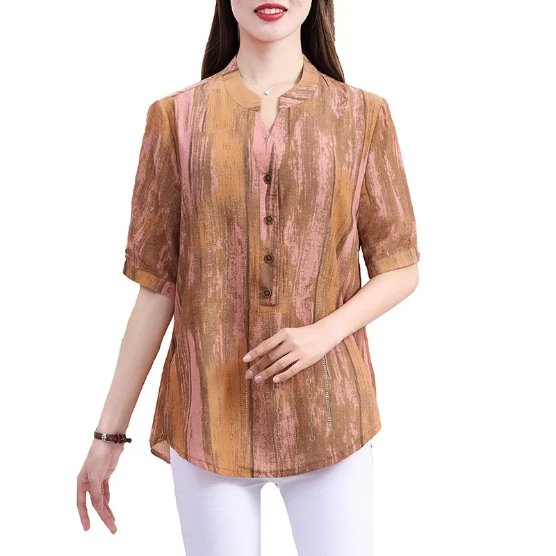 

Summer Middle Aaged Women Fashion Casual Short Sleeve Button Striped v-neck Tops Female Flower Print Loose 5XL Shirt