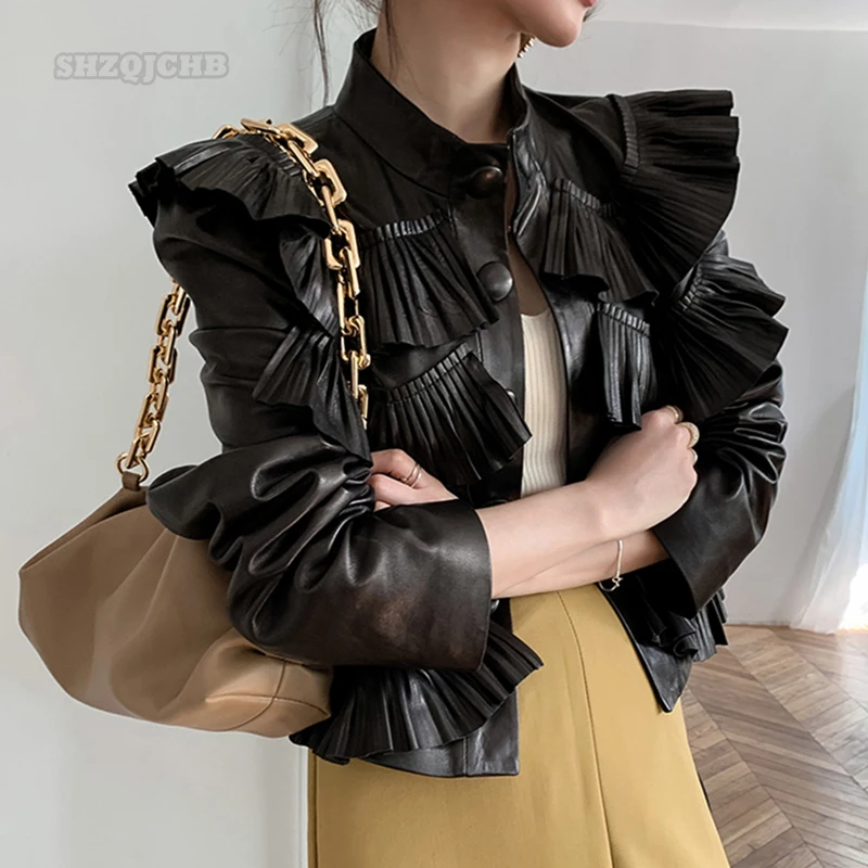 

Women's Leather Jacket Ruffle Fashion New Style Short Vertical Collar Coat Casual Pleat Slim Sheepskin Jacket Coat