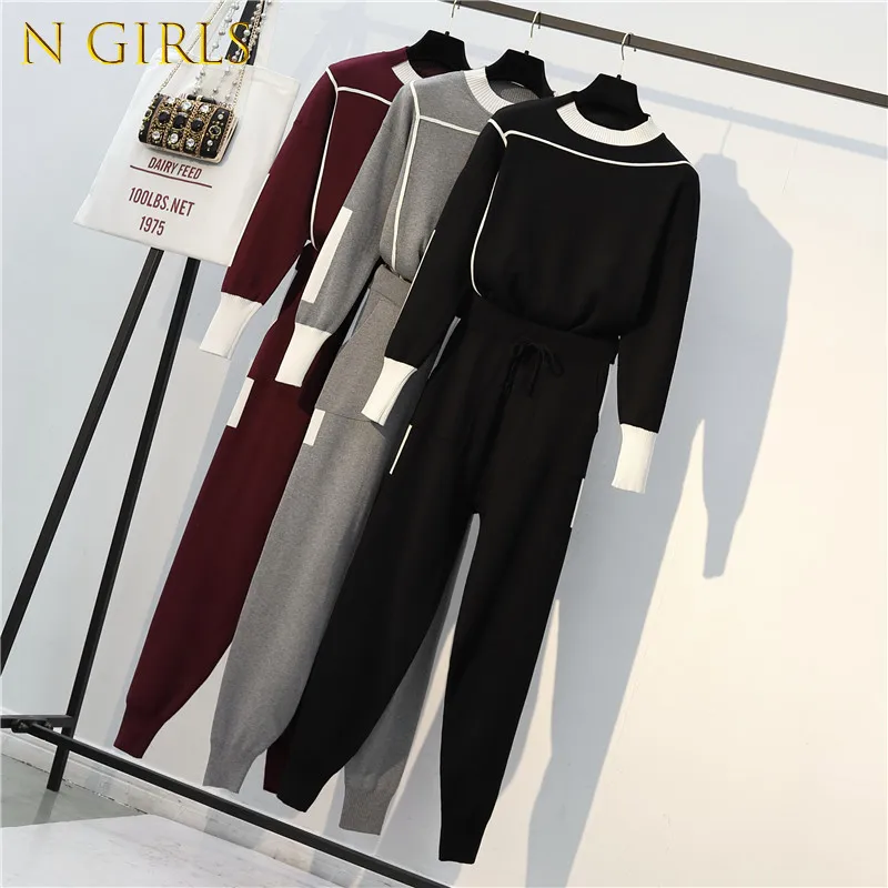 

2022 New Autumn Women Sweater Pants 2 Piece Set Gray Knitted Sporty Sweater + Casual Track Trousers Suits M-4XL Plus Size