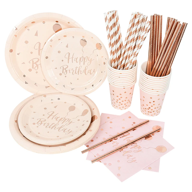 

Rose Gold Party Disposable Tableware Paper Plate Cup Set for Kids Adult Birthday Party Baby Shower Table Decor Home Party Supply