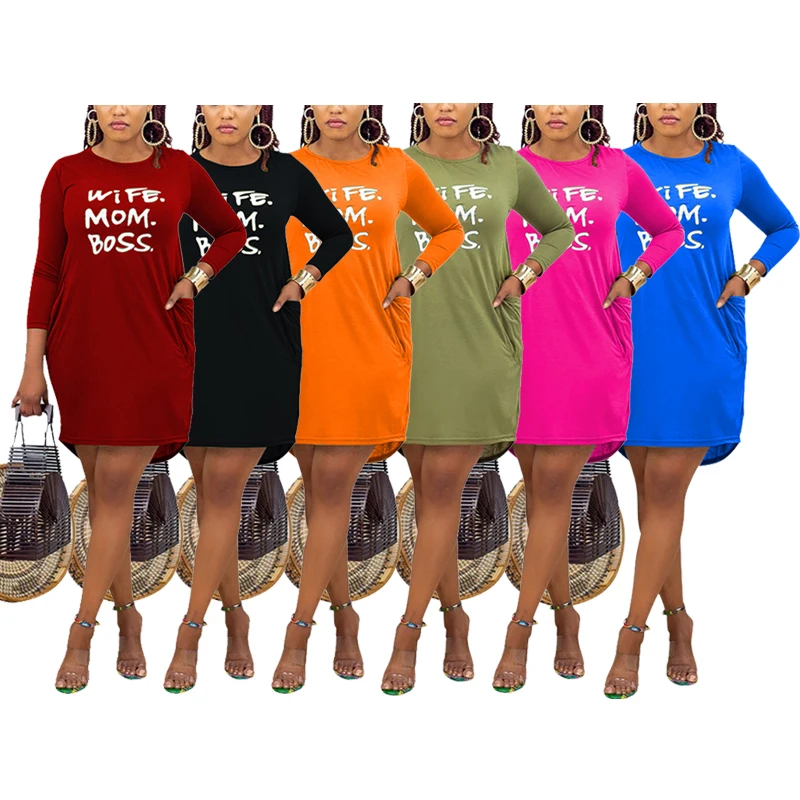 

Autumn Winter Women's Dresses Letter Character Cartoon Print O-Neck Long Sleeve Sweatshirts Slim Mini Dress