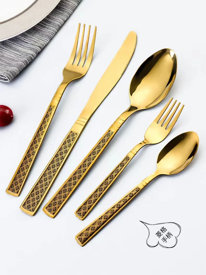 

European style kitchen western tableware set durable stainless steel tableware gold cutlery pattern spoon and fork set 4-24 pcs