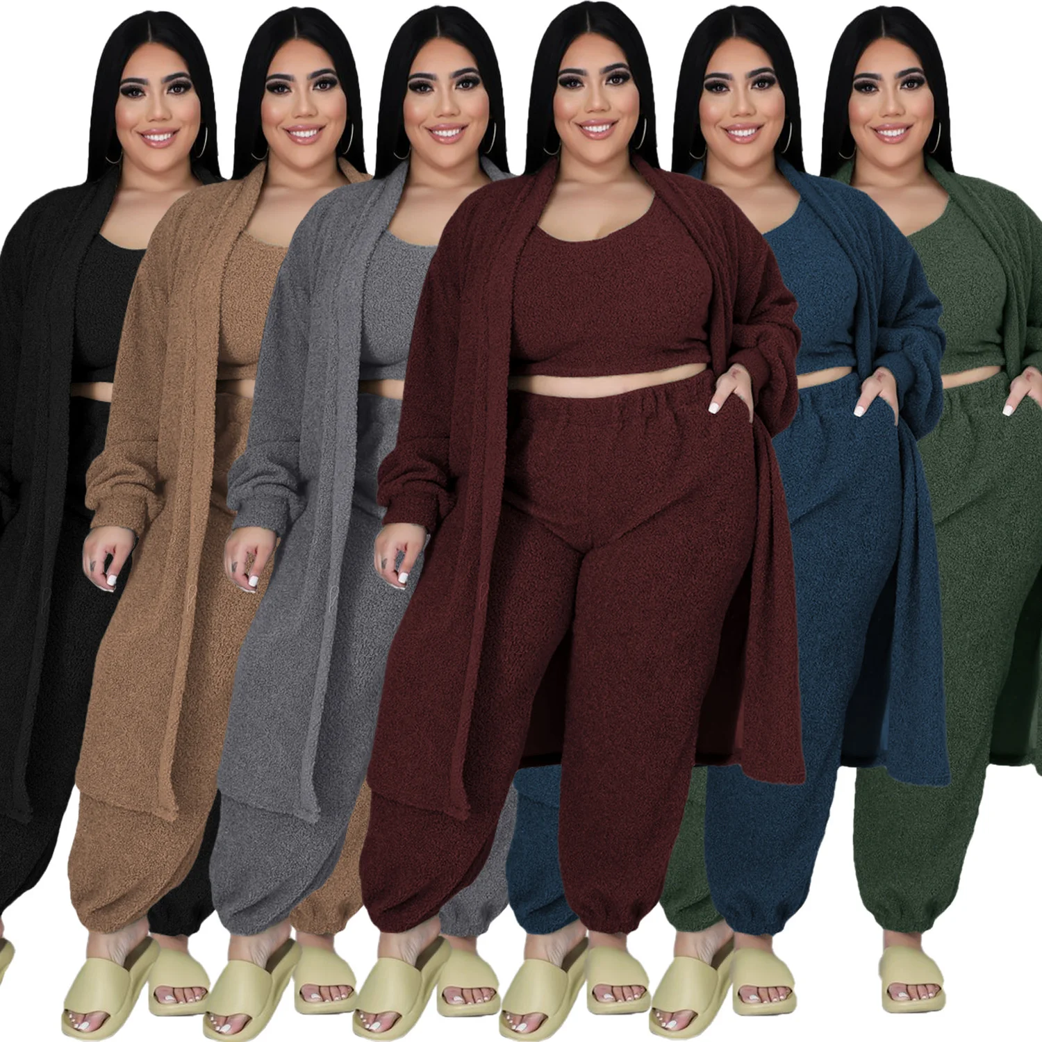 Plus Size Women Clothing 3 Pieces Sets Crop Top Vest and Long Sleeve Coat Pants Set Sexy Outfits Tracksuit Wh 3xl 4xl 5xl 6xl