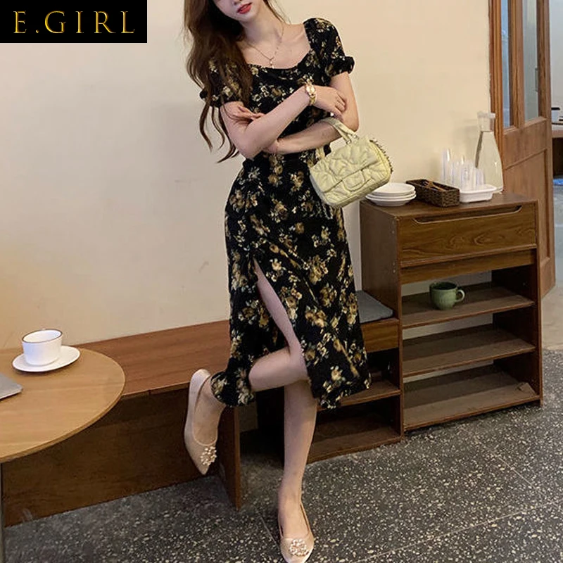 

Женское винтажное платье миди, вечерние тное платье с цветочным принтом, коротким рукавом и квадратным вырезом, привлекательное праздничное платье во французском ретро-стиле, корейское летнее платье 2021