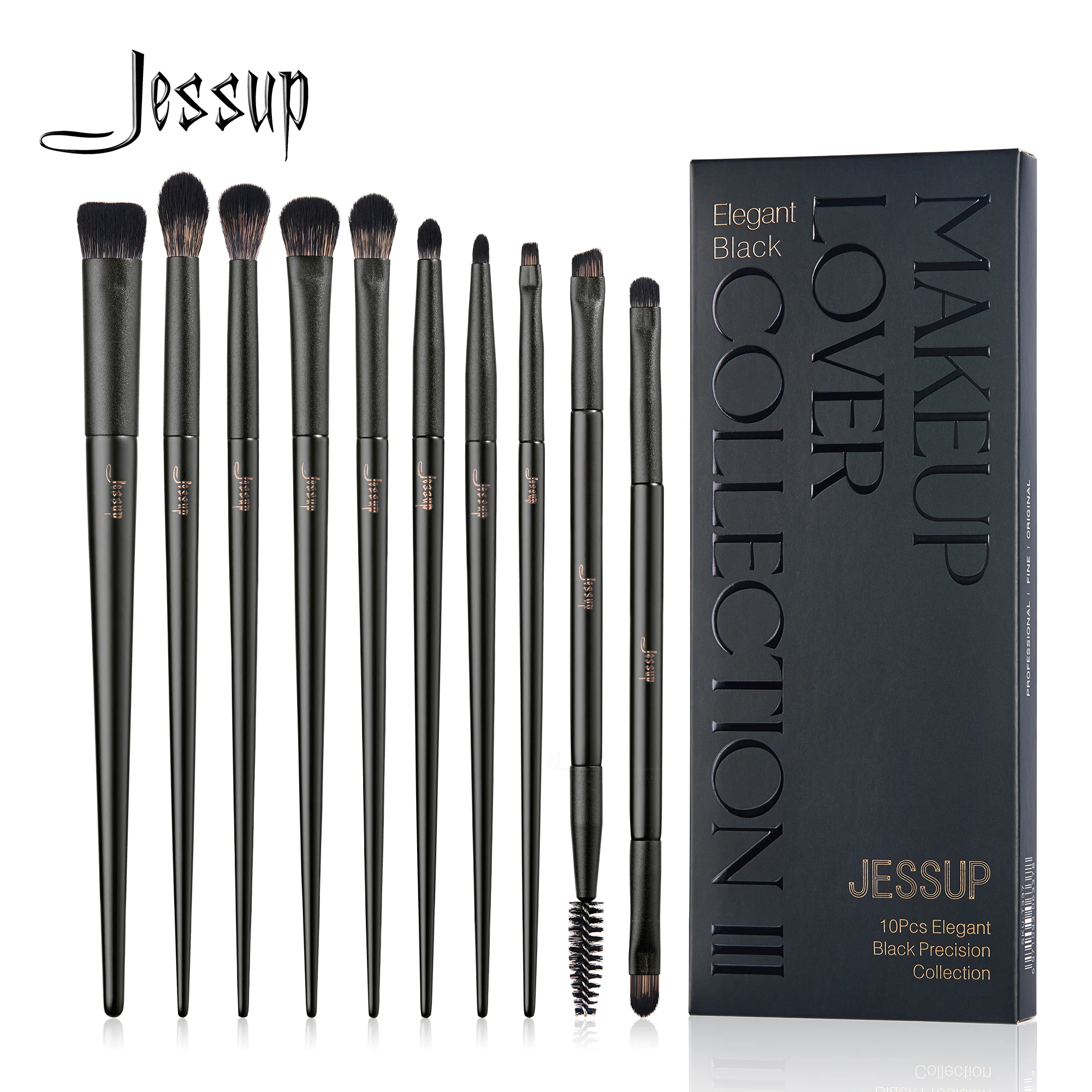 

Jessup Eyeshadow Brushes Set 10pcs Eye Brush Shadow Blending Flat Liner Crease Duo-end Brow Spoolie Broach, Elegant Black T337