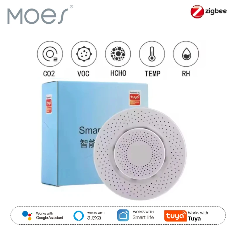 

Датчик качества воздуха Tuya Zigbee/WiFi, умный воздушный ящик, измеритель CO2, формальдегид, датчик температуры и влажности VOC через Alexa Google Home