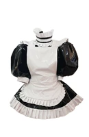 lockable sissy dress sexy maid black and white pvc apron short sleeve middle neck apron ruffle role play costume customization